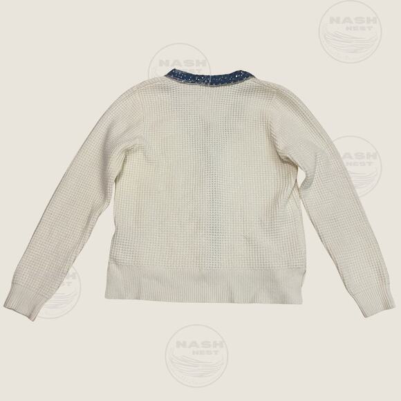 Nanette Lepore M Cardigan NWOT | Cream Knit, Denim Sequin Trim, Gold Buttons - Picture 3 of 9